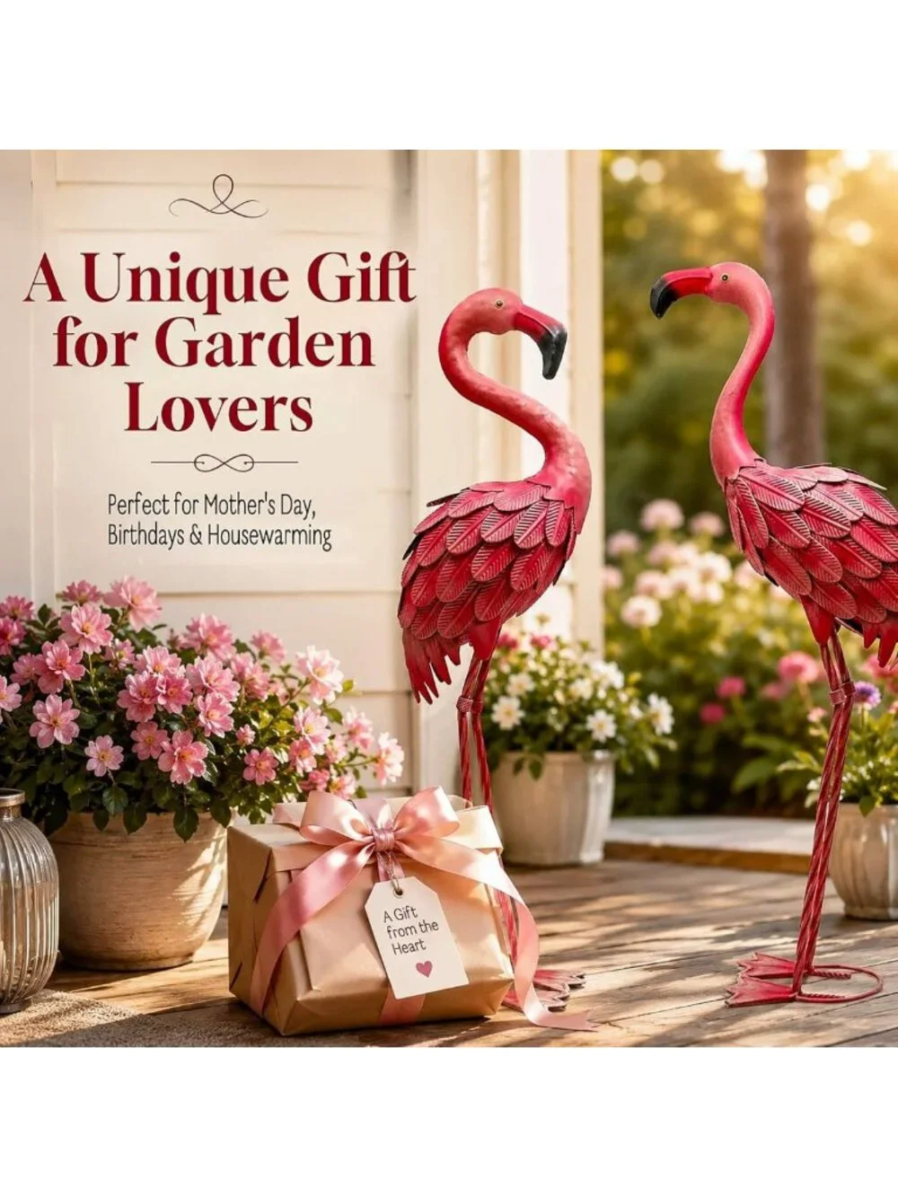 Set of 2 Pink Flamingo Yard Art Statues - Outdoor Garden Decor for Lawn & Patio